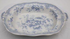 Antique blue transferware vegetable bowl in the popular Asiatic Pheasants pattern, featuring exotic birds and large stylized floral motifs