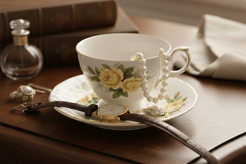 Moody, high-contrast photo of an antique teacup used as a jewelry dish, holding a necklace
