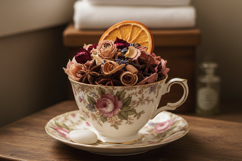 A decorative vintage teacup and saucer filled with dry potpourri ingredients like dried rose petals and spice pods, used as an aromatic home decor centerpiece