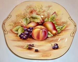 Vintage Aynsley Orchard Gold fine bone china serving plate featuring hand-painted peaches, grapes, and berries with a heavy 22k gold scalloped rim